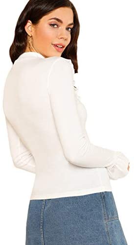 Women's Flounce Long Sleeve Ruffle Trim T Shirts Ribbed Knit Tops Blouses