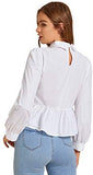 Women's Bow Tie Neck Tweed Insert Shirt Long Sleeve Blouse Keyhole Back Peplum Tops