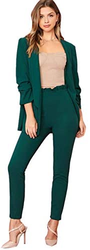 Women's Two Piece Plaid Open Front Long Sleeve Blazer and Elastic Waist Pant Set Suit
