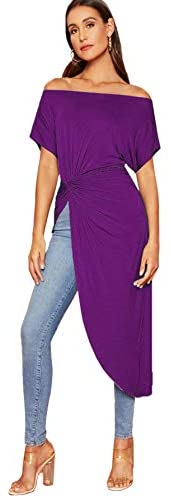 Women's Elegant Asymmetrical Twist Front Off Shoulder Top Plain High Low Blouse