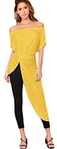 Women's Elegant Asymmetrical Twist Front Off Shoulder Top Plain High Low Blouse