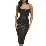 Bodycon Dresses for Women Sexy, Spaghetti Straps Leather Party Mini Dresses Clubwear Sleeveless Outfits Black
