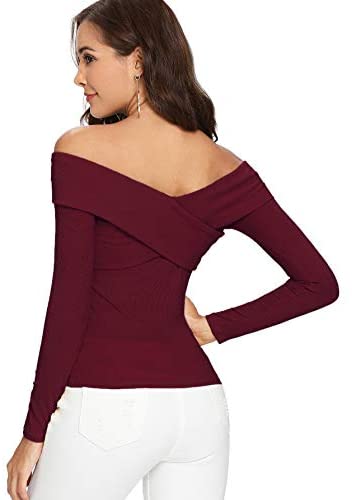 Women's Sexy Off Shoulder Long Sleeve T-Shirt Cross Wrap Ribbed Knit Tops
