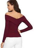 Women's Sexy Off Shoulder Long Sleeve T-Shirt Cross Wrap Ribbed Knit Tops