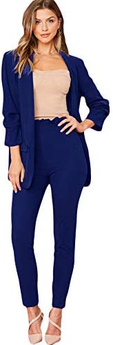 Women's Two Piece Plaid Open Front Long Sleeve Blazer and Elastic Waist Pant Set Suit