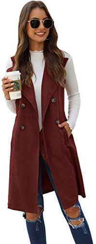 Women's Double Breasted Long Vest Jacket Casual Sleeveless Pocket Outerwear Longline