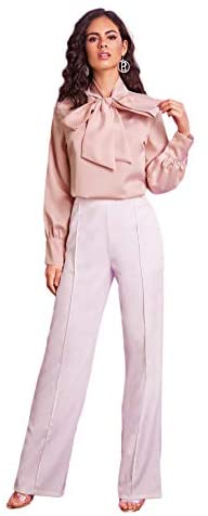 Women's Long Sleeve Tie Neck Shirt Satin Solid Pullover Work Blouse Top