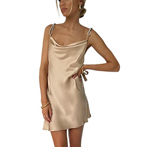 Women Girls Backless Sequin Dresses Spaghetti Strap Deep V-Neck A-line Short Dress Sparkly Party Clubwear