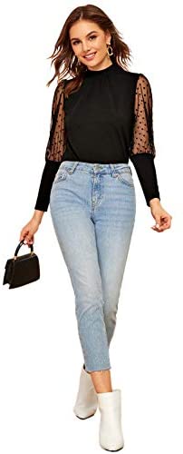 Women's Mesh Sheer Polka Dot Sleeve Blouse Long See Through Top