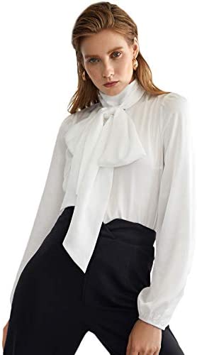 Women's Lantern Long Sleeve Bow Tie Neck Button Up Work Blouses Shirt Top