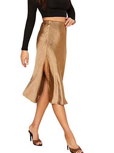 High Waisted Satin Side Split Midi Skirt