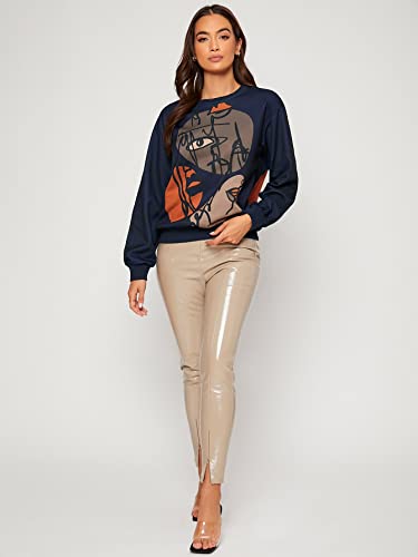 Women's Figure Graphic Print Sweatshirt Round Neck Long Sleeve Contrast Color Graffiti Pullovers Brown L