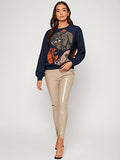 Women's Figure Graphic Print Sweatshirt Round Neck Long Sleeve Contrast Color Graffiti Pullovers Brown L