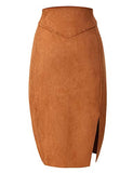 Bellivera Women Faux Suede Leather Pencil Skirt, Spring Fall Casual Midi Skirts Spring and Summer Hip Wrapped Back Split FF21 Camel L