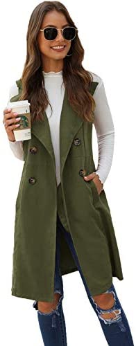 Women's Double Breasted Long Vest Jacket Casual Sleeveless Pocket Outerwear Longline