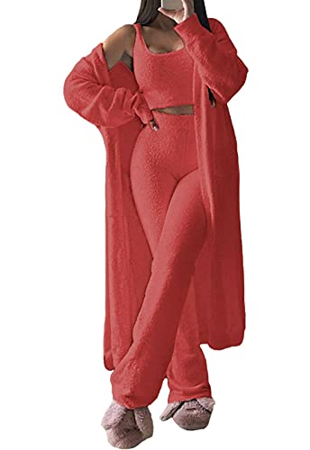 Womens Fuzzy Fleece 3 Piece Pajama Set Tank Crop Tops Pants Open Front Cardigan Lounge Outfit Light Blue S