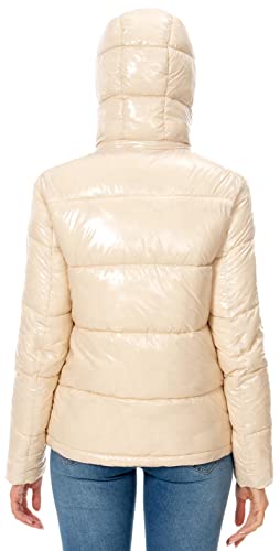 Women's Winter Hooded Shiny Puffer Jacket Casual Warm Quilted Full Zip Short Bubble Padded Coat (as1, alpha, s, regular, regular, Dark Gold, Small)