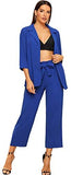 Women's 2 Piece Outfit Notched Neck 3/4 Sleeve Blazer and Wide Leg Belted Pants Set