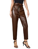 Women Pocket Faux Leather Pants Leggings Pants High Waisted Leather Stacked Pants Dark Brown XL