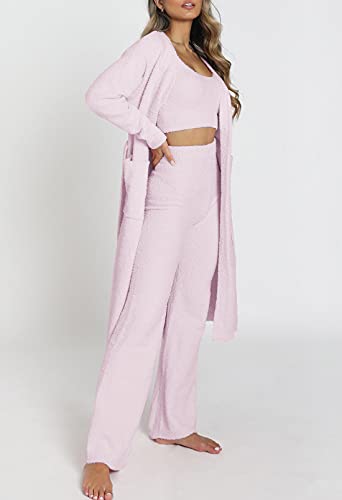 Womens Fuzzy Fleece 3 Piece Pajama Set Tank Crop Tops Pants Open Front Cardigan Lounge Outfit Light Blue S