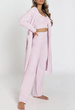 Womens Fuzzy Fleece 3 Piece Pajama Set Tank Crop Tops Pants Open Front Cardigan Lounge Outfit Light Blue S