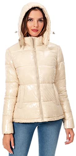 Women's Winter Hooded Shiny Puffer Jacket Casual Warm Quilted Full Zip Short Bubble Padded Coat (as1, alpha, s, regular, regular, Dark Gold, Small)