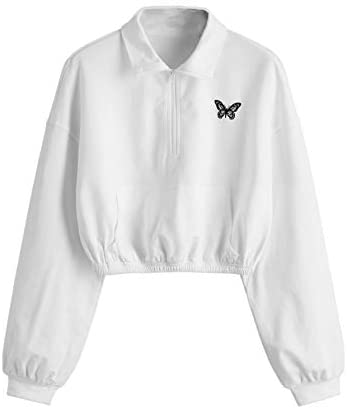 Women's Crop Zip Placket Front Basic Collar Pullover Sweatshirt Butterfly White