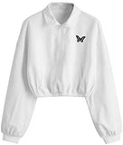 Women's Crop Zip Placket Front Basic Collar Pullover Sweatshirt Butterfly White