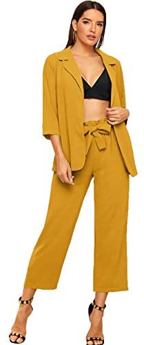 Women's 2 Piece Outfit Notched Neck 3/4 Sleeve Blazer and Wide Leg Belted Pants Set