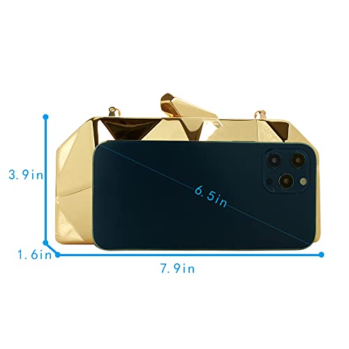 Women Lattice Pattern Metal Handbag Chain Geometric Evening Clutch Purse, Gold