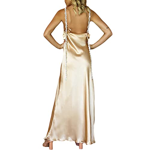 Women Girls Backless Sequin Dresses Spaghetti Strap Deep V-Neck A-line Short Dress Sparkly Party Clubwear