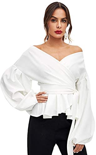 Women's Long Sleeve V Neck Ruffle Blouse Off Shoulder Tie Waist Wrap Tops