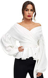 Women's Long Sleeve V Neck Ruffle Blouse Off Shoulder Tie Waist Wrap Tops