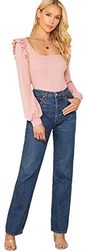 Women's Long Sleeve Scoop Neck Ruffle Trim Top Blouse Lantern Sleeve Solid Tee