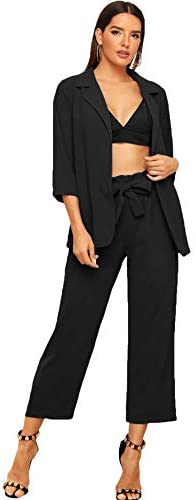 Women's 2 Piece Outfit Notched Neck 3/4 Sleeve Blazer and Wide Leg Belted Pants Set