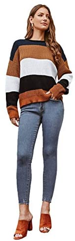 Women's Long Sleeve Pullovers Tie Back Color-Block Striped Sweater