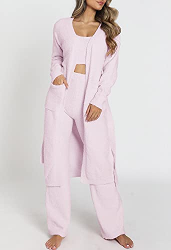 Womens Fuzzy Fleece 3 Piece Pajama Set Tank Crop Tops Pants Open Front Cardigan Lounge Outfit Light Blue S