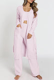 Womens Fuzzy Fleece 3 Piece Pajama Set Tank Crop Tops Pants Open Front Cardigan Lounge Outfit Light Blue S