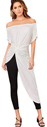 Women's Elegant Asymmetrical Twist Front Off Shoulder Top Plain High Low Blouse