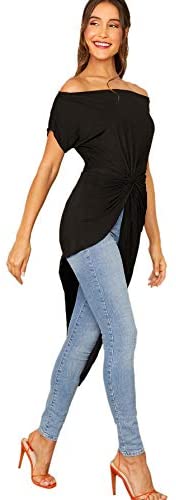 Women's Elegant Asymmetrical Twist Front Off Shoulder Top Plain High Low Blouse