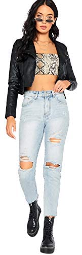 Women's Zipper Front Casual PU Leather Cropped Jacket Long Sleeve Bolero
