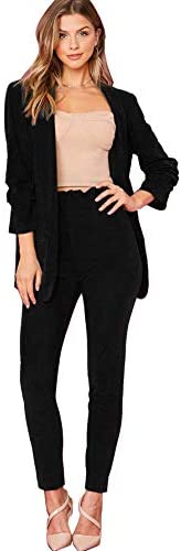 Women's Two Piece Plaid Open Front Long Sleeve Blazer and Elastic Waist Pant Set Suit