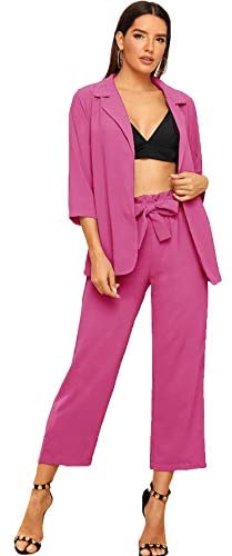 Women's 2 Piece Outfit Notched Neck 3/4 Sleeve Blazer and Wide Leg Belted Pants Set