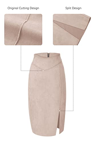 Bellivera Women Faux Suede Leather Pencil Skirt, Spring Fall Casual Midi Skirts Spring and Summer Hip Wrapped Back Split FF21 Camel L