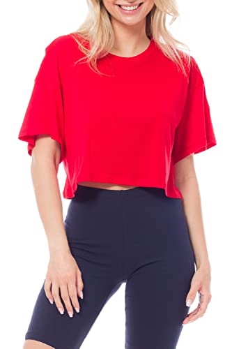 Women's Basic Solid Boxy Short Sleeve Crop Top Bright Red S