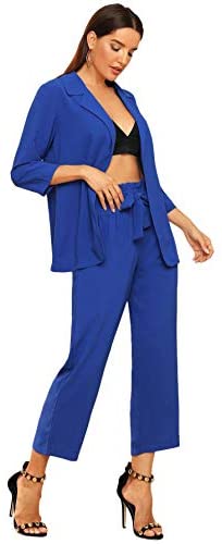 Women's 2 Piece Outfit Notched Neck 3/4 Sleeve Blazer and Wide Leg Belted Pants Set