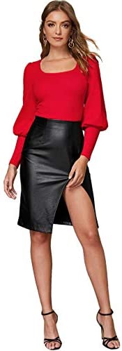 Women's Solid Scoop Neck Blouse Leg-of-Mutton Long Sleeve Tee Tops