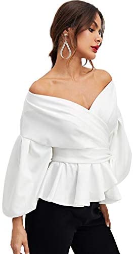 Women's Long Sleeve V Neck Ruffle Blouse Off Shoulder Tie Waist Wrap Tops