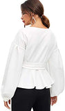 Women's Long Sleeve V Neck Ruffle Blouse Off Shoulder Tie Waist Wrap Tops