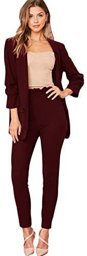 Women's Two Piece Plaid Open Front Long Sleeve Blazer and Elastic Waist Pant Set Suit